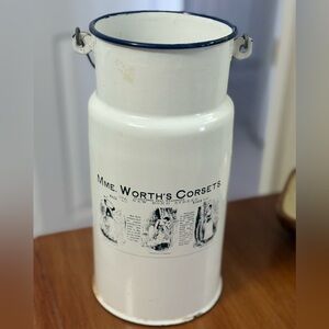 Vintage White enamel Corset Advertising Milk Can